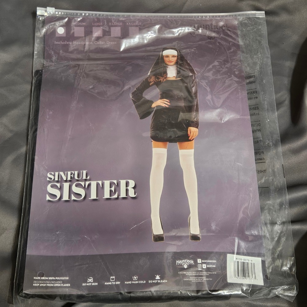 Sinful Sister Nun Costume Womens Small Black Mini Dress 3pc Set New Hauntlook
